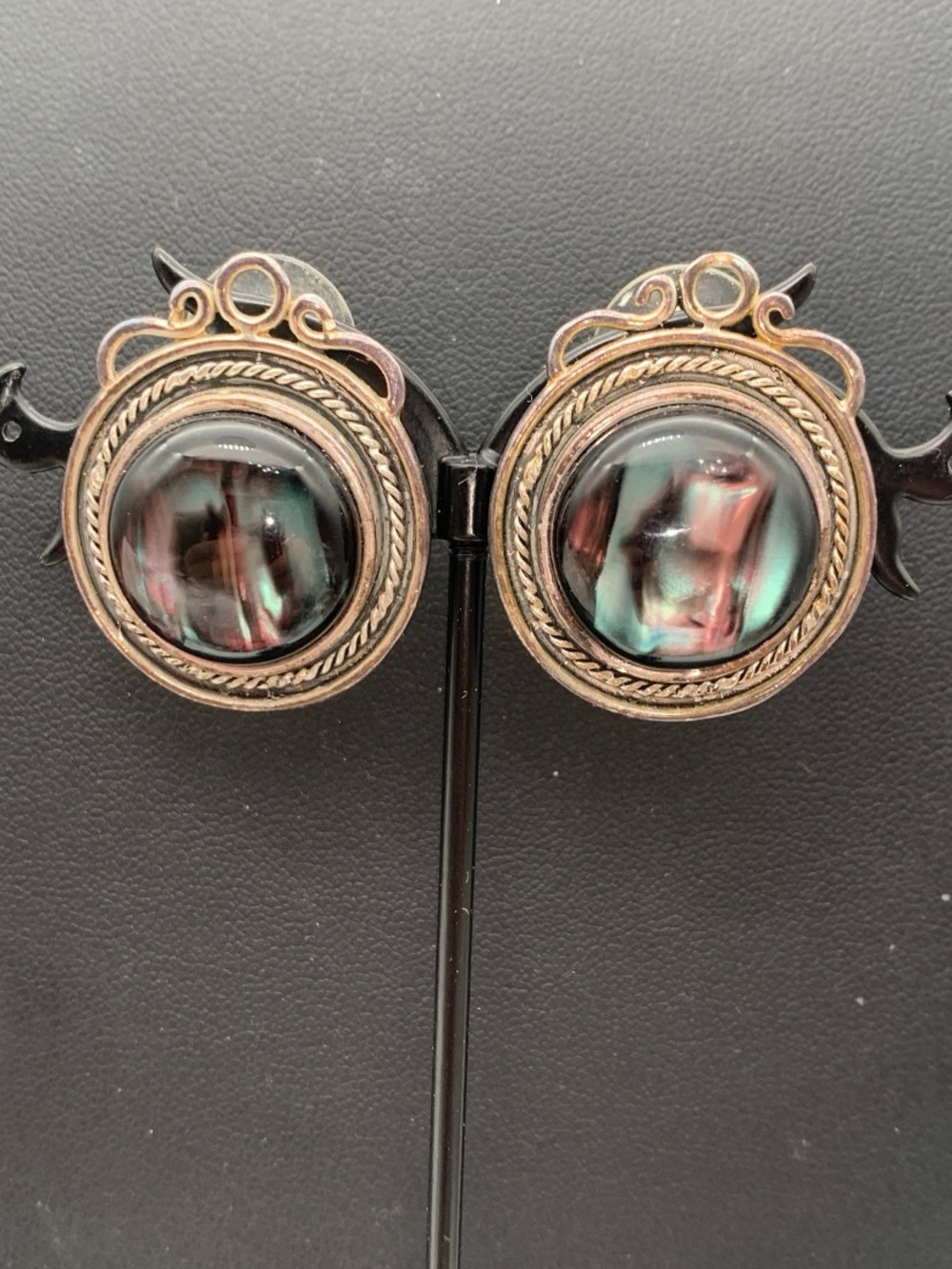 Vintage Round Multicolor faux abalone Cabochon Earrings silver tone Filigree